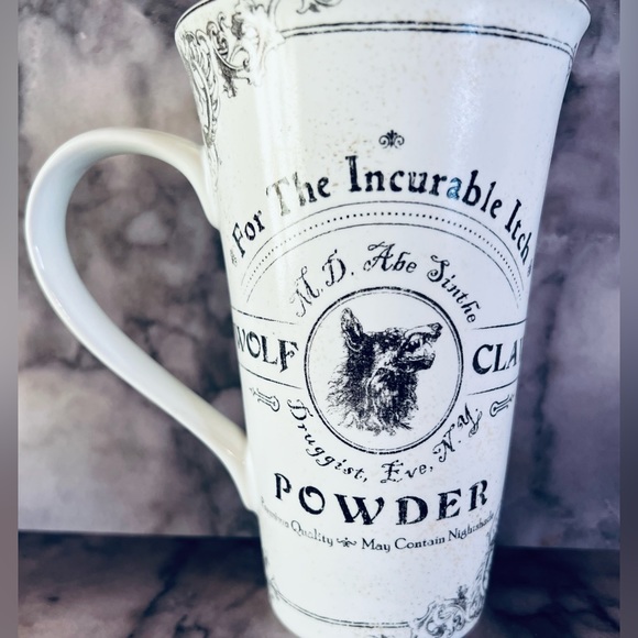 Halloween Ceramic Wolf Claw Powder Tall Coffee Mug Apothecary Druggist Label - Picture 2 of 7